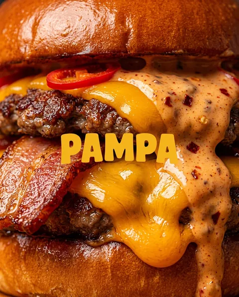 Pampa : gros plan d'un burger avec cheddar et sauce pimentée qui coulent