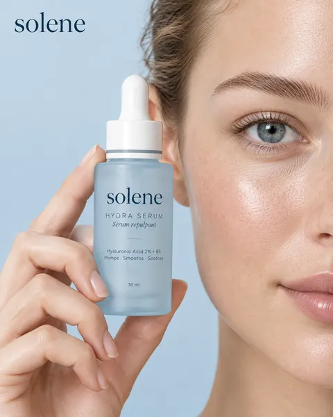 Solène : femme tenant le flacon Hydra Serum près de son visage